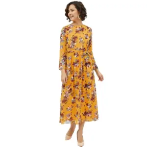 Women's Polyester Floral Long Sleeves Calf-length Dress (Multicolor)