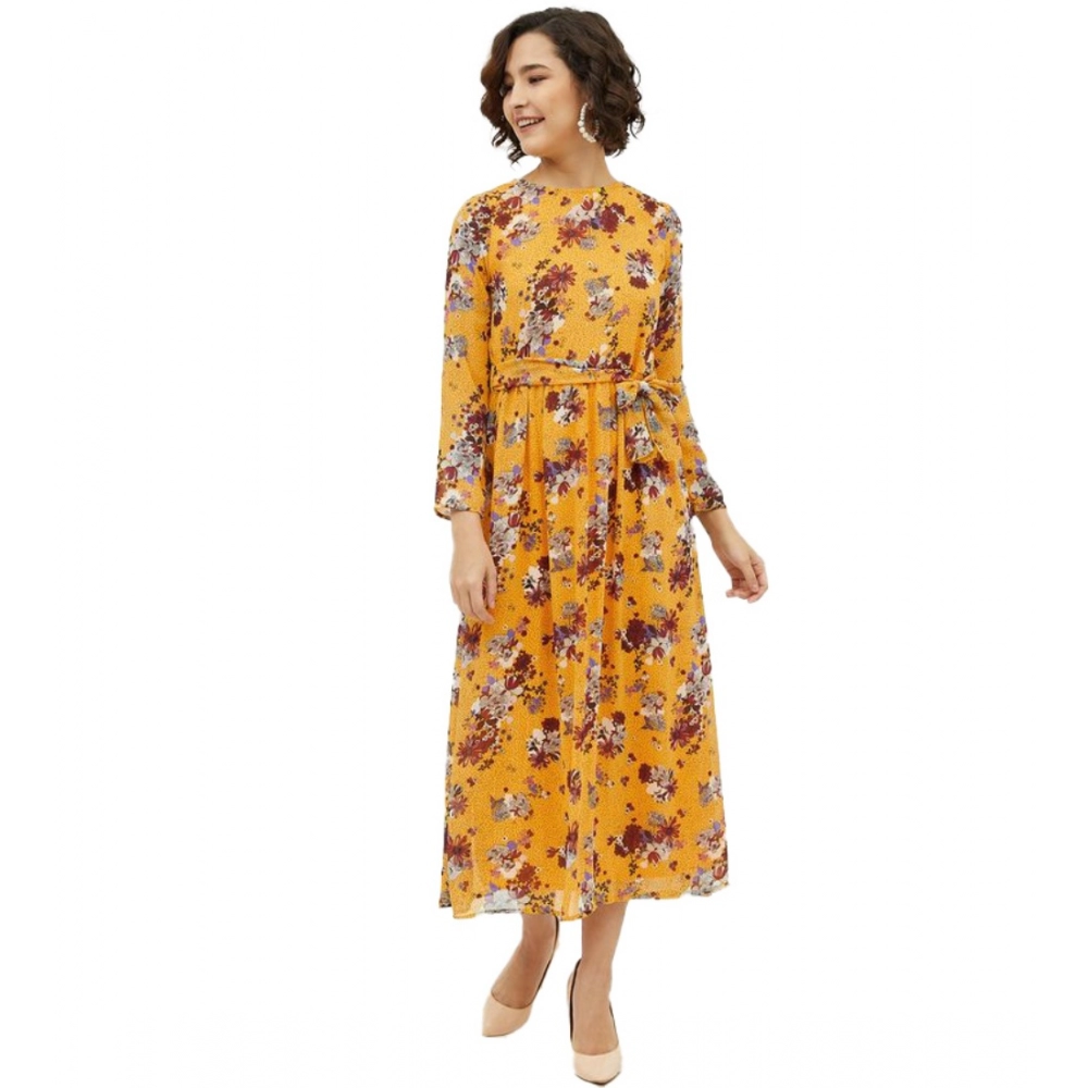 Women's Polyester Floral Long Sleeves Calf-length Dress (Multicolor)