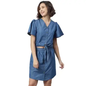 Women's Denim Solid Flutter Above Knee Dress (Blue)