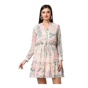 Women's Polyester Printed Long Sleeves Above Knee Dress (Light Pink - Off White)