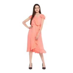 Women's Polyester Ruffled Cap Sleeve Below Knee Dress (Neon Pink)