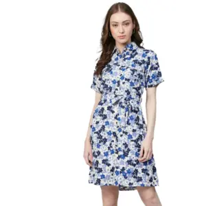 Women's Polyester Floral Short Sleeve Above Knee Dress (Blue - White)