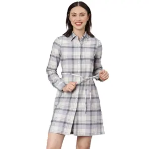 Women's Cotton Checkered Long Sleeves Above Knee Dress (Grey)