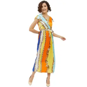 Women's Satin Chain Print Cap Sleeve Calf-length Dress (Multicolor)