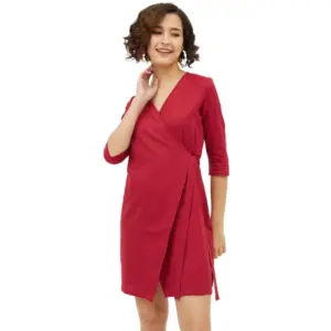 Women's Cotton Wrap 3-4th Sleeves Above Knee Dress (Maroon)