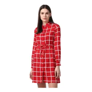 Women's Polyester Checkered Long Sleeves Above Knee Dress (Red)