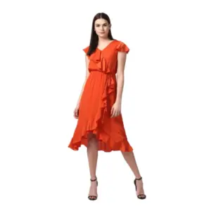 Women's Polyester Ruffled Cap Sleeve Knee-Length Dress (Orange)