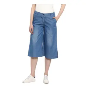 Women's Denim Solid Buttoned Below Knee Culottes (Light Blue)
