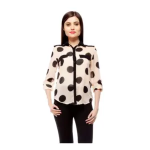 Women's Polyester Polka Roll Up Sleeve Standard Length Shirt (Peach)