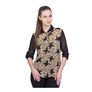 Women's Polyester Printed Roll Up Sleeve Standard Length Shirt (Black)