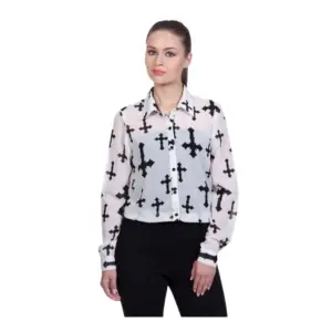 Women's Polyester Printed Long Sleeves Standard Length Shirt (White)