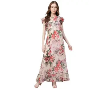 Women's Chiffon Polka Short Sleeve Full Length Dress (Multicolor)