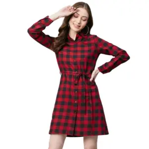 Women's Cotton Checkered Long Sleeves Above Knee Dress (Red - Black)