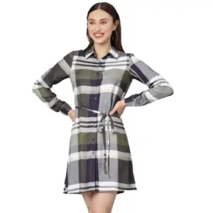 Women's Cotton Checkered Long Sleeves Above Knee Dress (Olive - White)