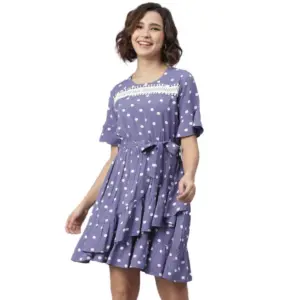 Women's Polyester Polka Bell Sleeve Above Knee Dress (Lavender)