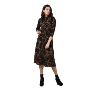 Women's Polyester Chain Print Roll Up Sleeve Below Knee Dress (Black - Yellow)