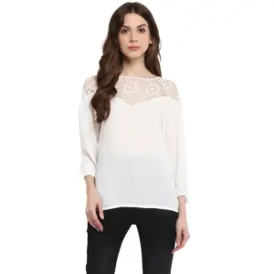 Women's Polyester Georgette Self Design 3-4th Sleeves Regular Top (White)