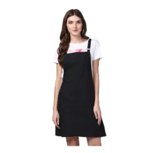 Women's Denim Solid Shoulder Straps Above Knee Dungaree (Black)