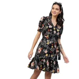 Women's Polyester Floral Short Sleeve Above Knee Dress (Black)