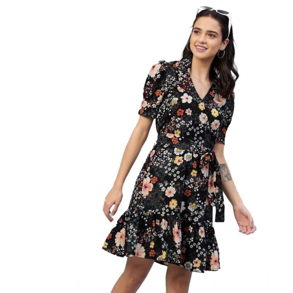 Women's Polyester Floral Short Sleeve Above Knee Dress (Black)