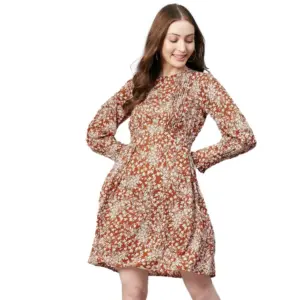 Women's Polyester Floral Long Sleeves Above Knee Dress (Rust)