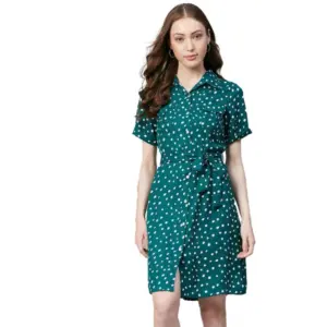 Women's Polyester Polka Short Sleeve Above Knee Dress (Blue - White)