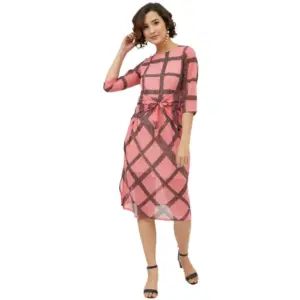 Women's Polyester Checkered 3-4th Sleeves Below Knee Dress (Pink)