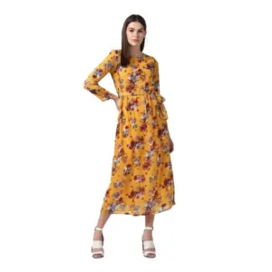 Women's Polyester Floral Long Sleeves Calf-length Dress (Yellow)
