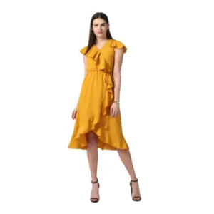 Women's Polyester Ruffled Cap Sleeve Knee-Length Dress (Yellow)