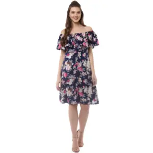 Women's Polyester Crepe Floral Half Sleeve Above Knee Dress (Navy Blue)