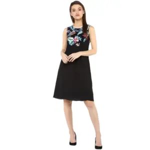 Women's Polyester Printed Sleeveless Above Knee Dress (Black - Multicolor)