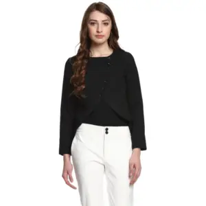 Women's Polyester Diagonal Cut Long Sleeves Blazer (Black)