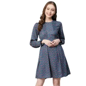 Women's Polyester Polka Long Sleeves Above Knee Dress (Grey - Coral)