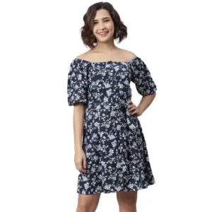 Women's Polyester Off Shoulder Half Sleeve Above Knee Dress (Blue)