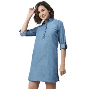 Women's Denim Solid Long Sleeves Above Knee Dress (Ice Blue)