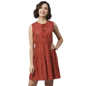 Women's Rayon Polka Sleeveless Above Knee Dress (Rust)