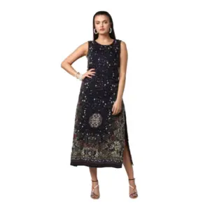 Women's Rayon Floral Sleeveless Calf-length Dress (Black)