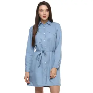 Women's Denim Solid Long Sleeves Above Knee Dress (Blue)