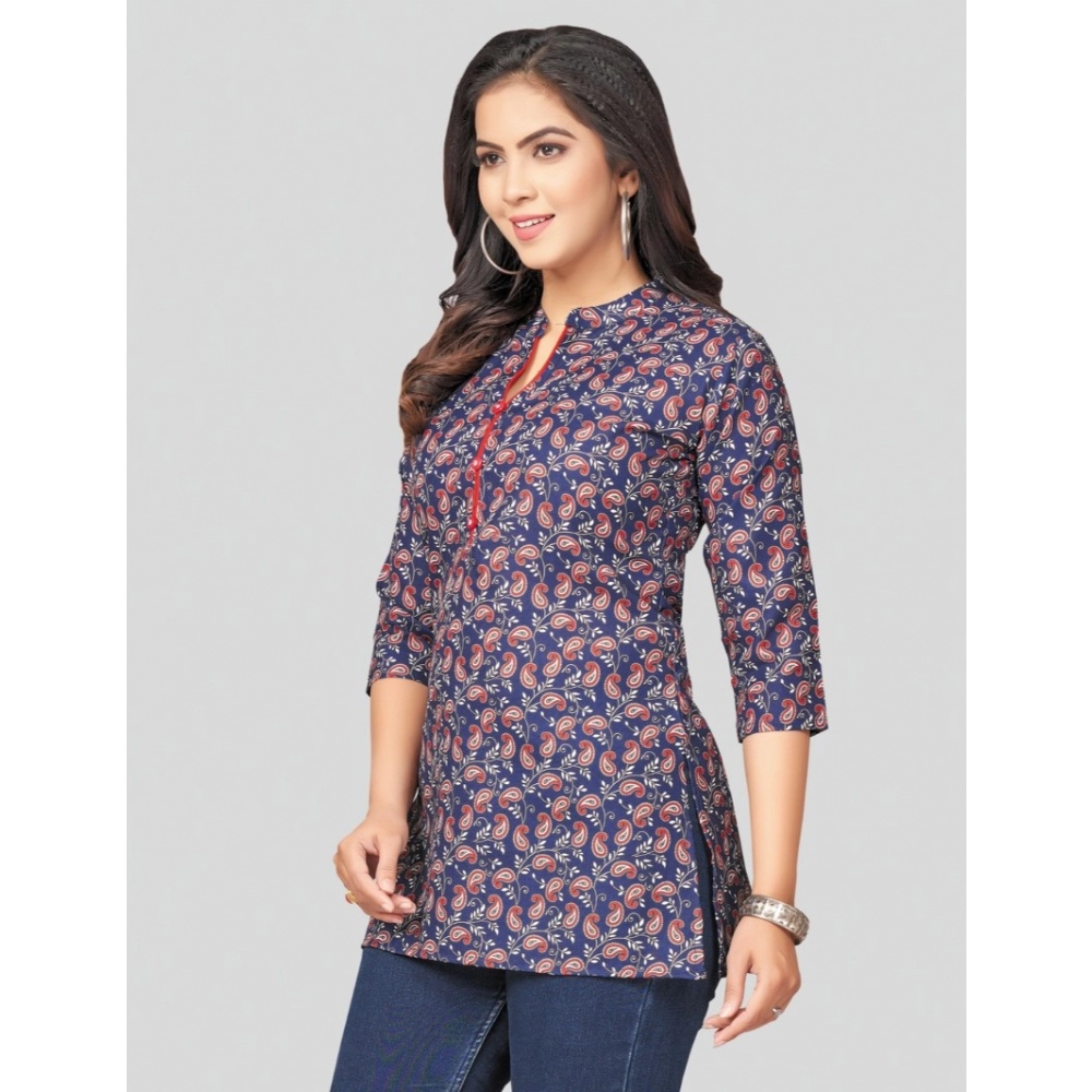 Women's Cotton Blend Mandarin Collar 3/4 Sleeves Short Top (Blue) - Image 2