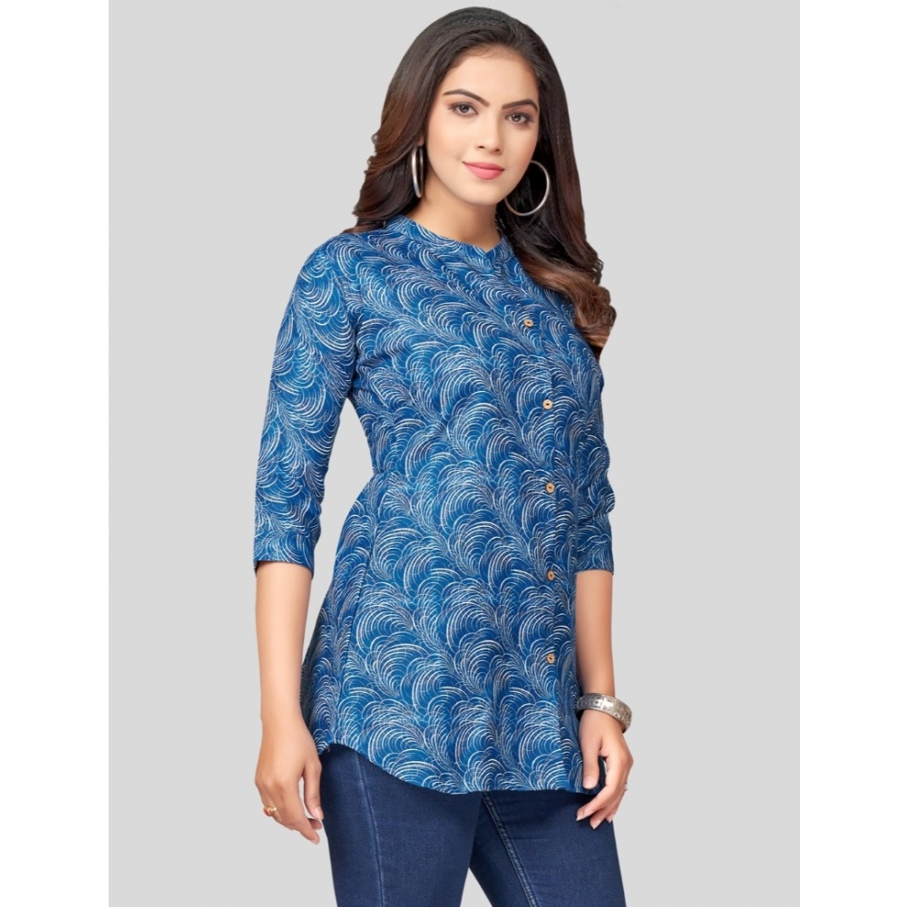 Women's Cotton Blend Mandarin Collar 3/4 Sleeves Short Top (Blue) - Image 5