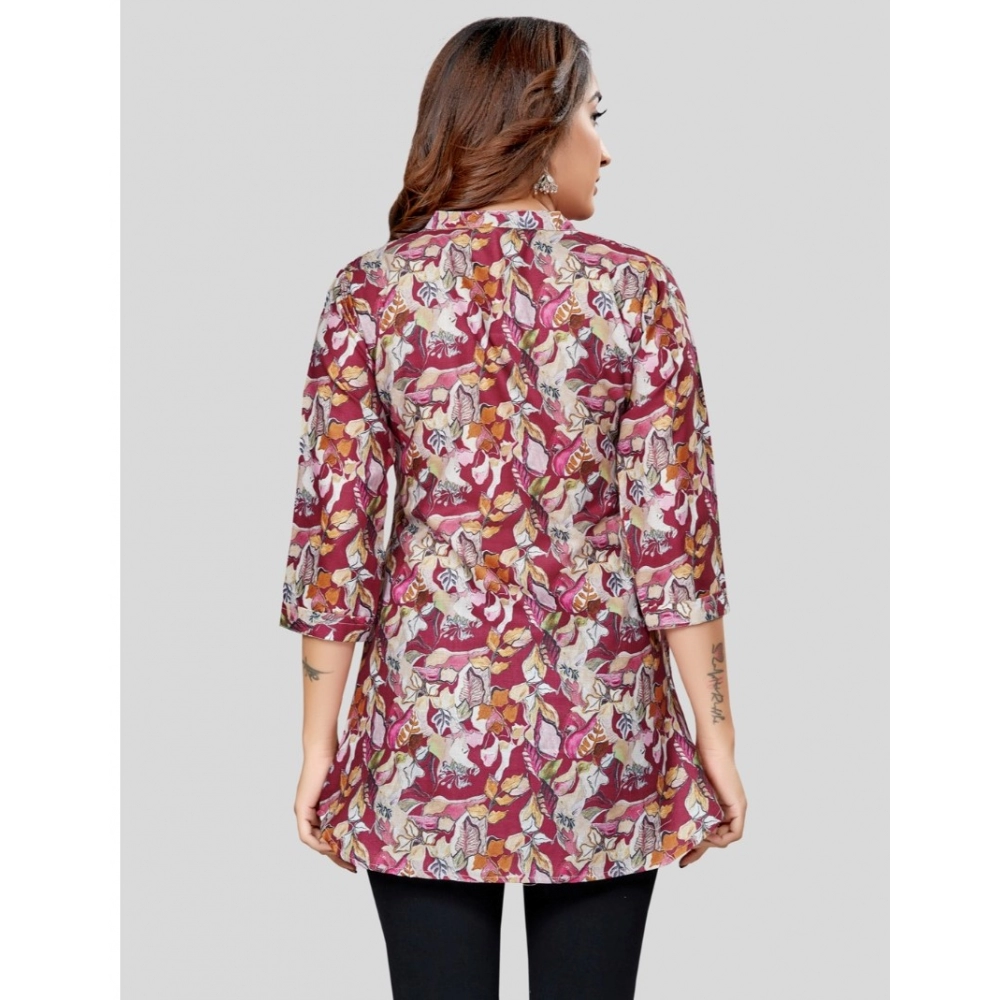 Women's Cotton Blend Mandarin Collar 3/4 Sleeves Short Top (Burgundy) - Image 6