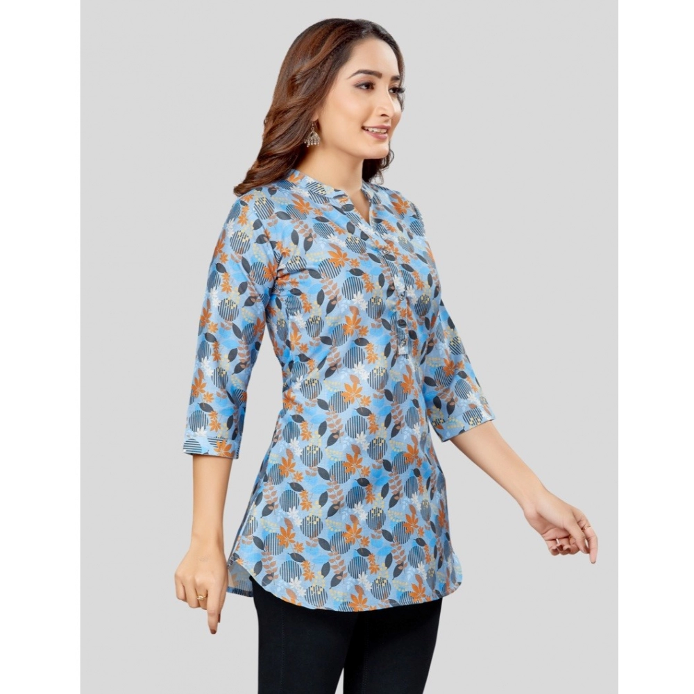 Women's Cotton Blend Mandarin Collar 3/4 Sleeves Short Top (Blue) - Image 2