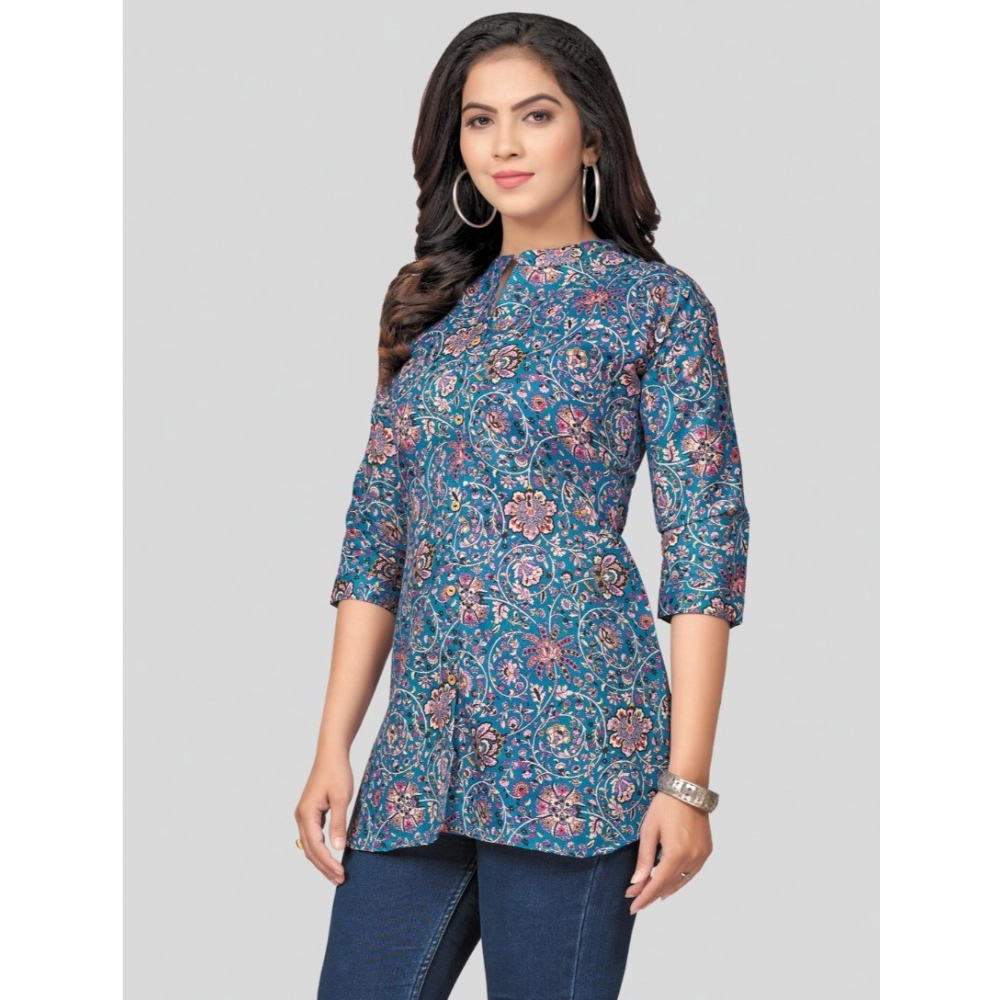 Women's Cotton Blend Mandarin Collar 3/4 Sleeves Short Top (Blue) - Image 2