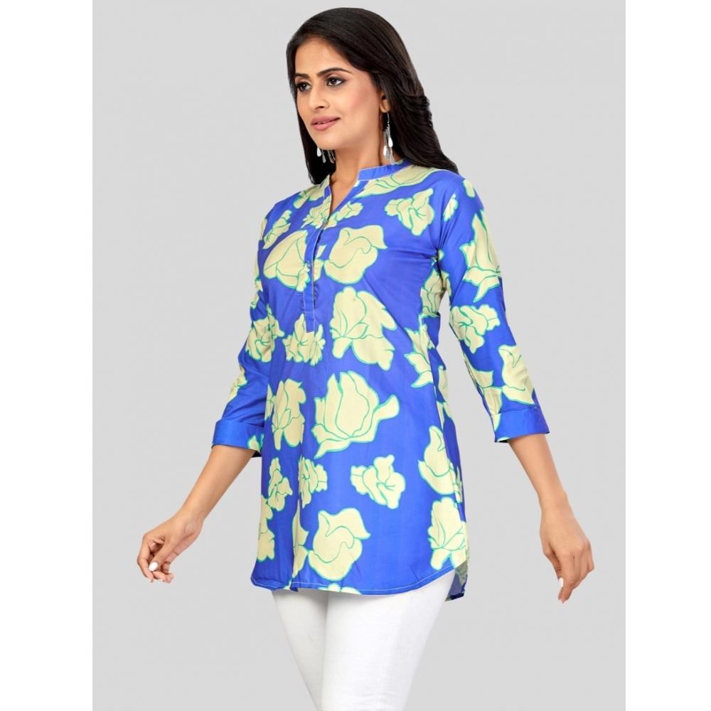 Women's Poly Crepe Mandarin Collar 3/4 Sleeves Short Top (Blue) - Image 2