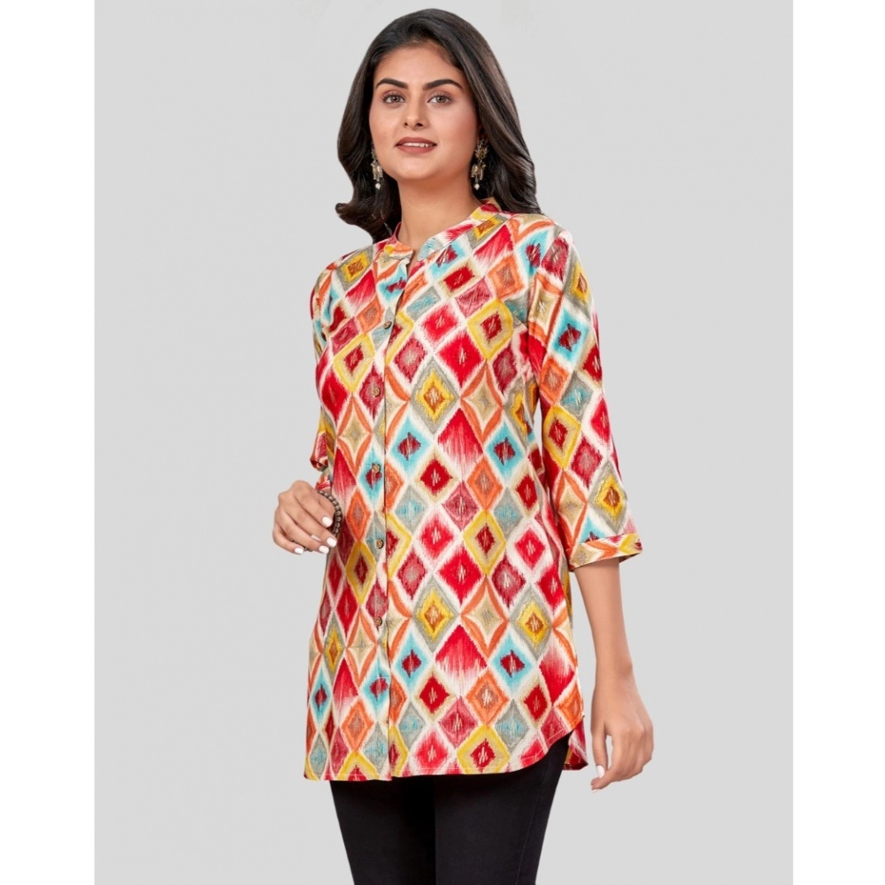 Women's Rayon Collared Neck 3/4 Sleeves Short Top (Red) - Image 2