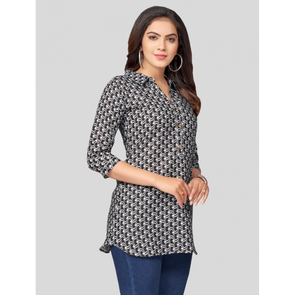 Women's Cotton Blend Mandarin Collar 3/4 Sleeves Short Top (Black) - Image 5