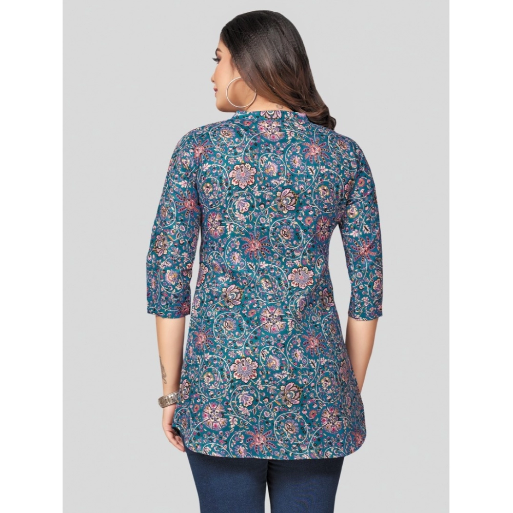 Women's Cotton Blend Mandarin Collar 3/4 Sleeves Short Top (Blue) - Image 6