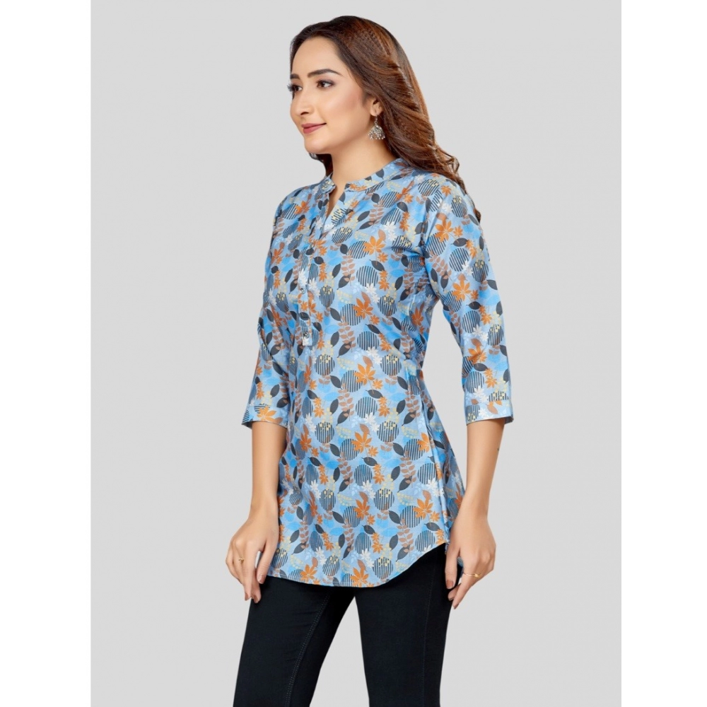 Women's Cotton Blend Mandarin Collar 3/4 Sleeves Short Top (Blue) - Image 6