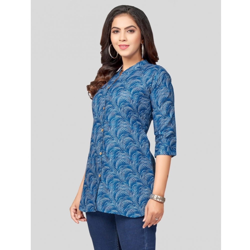 Women's Cotton Blend Mandarin Collar 3/4 Sleeves Short Top (Blue) - Image 2
