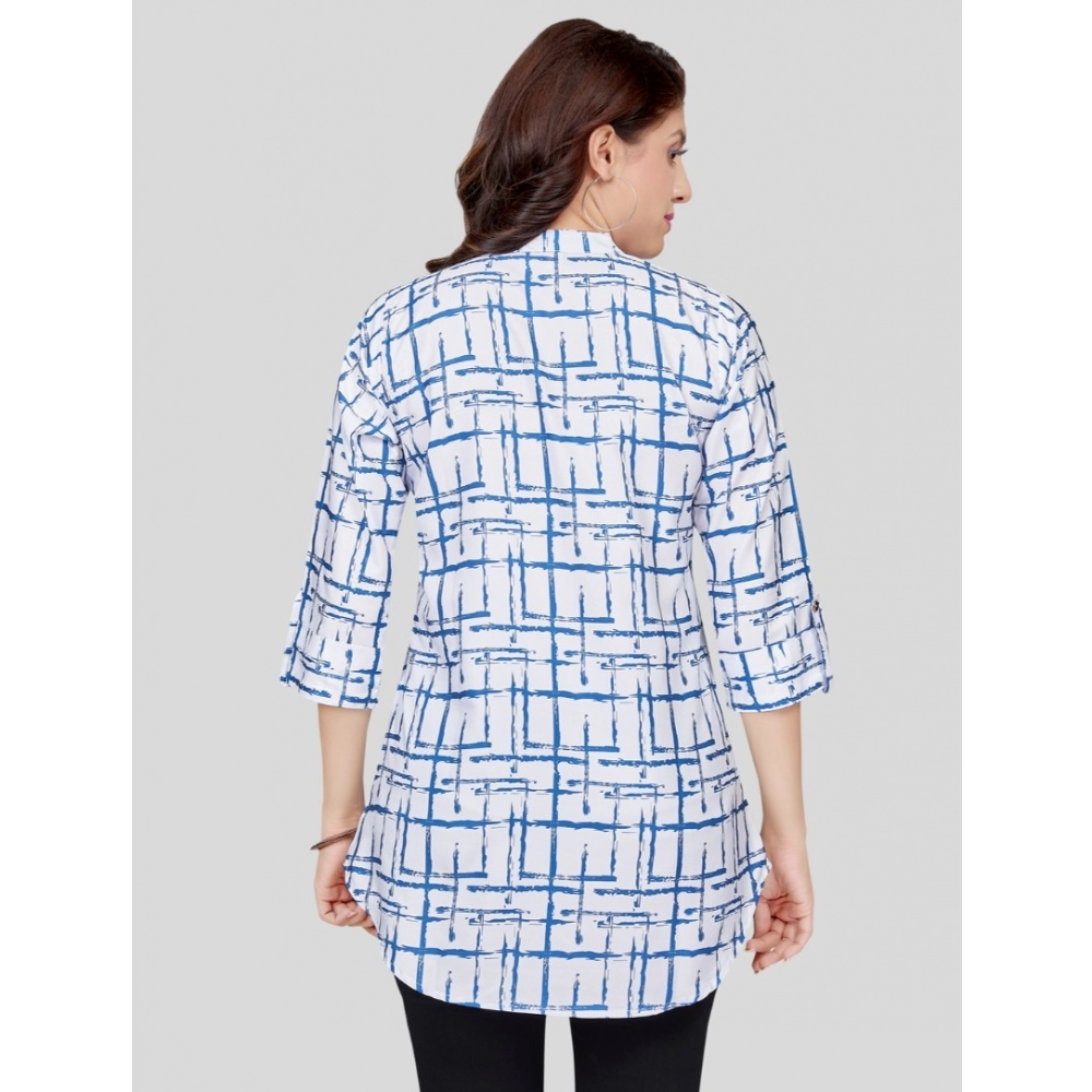 Women's Poly Crepe Mandarin Collar 3/4 Sleeves Short Top (White) - Image 5